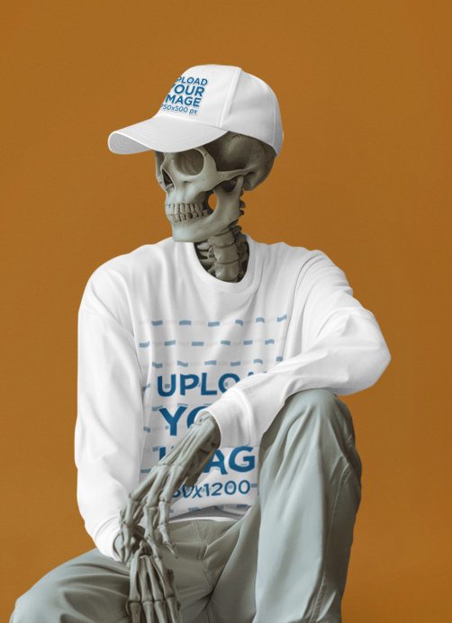 Spooky Mockup Featuring an AI-Created Skeleton With a Sweatshirt and a Dad Hat