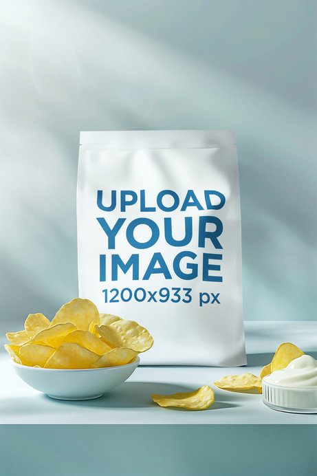 Print Mockup Featuring a Chip Bag With AI-Created Chips and a Small Plate With Ranch