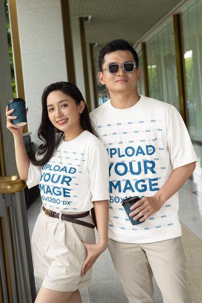 Round-Neck Tee Mockup Featuring a Man and a Woman in Matching Outfits