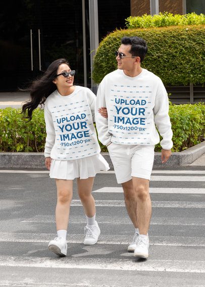 Crewneck Sweatshirt Mockup of a Stylish Couple Wearing Matching Outfits