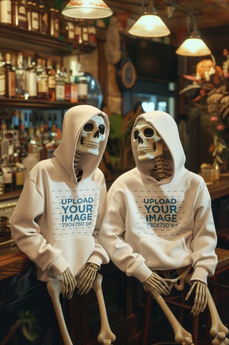 Hoodie Mockup Featuring Two AI-Created Skeletons Sitting on a Bar