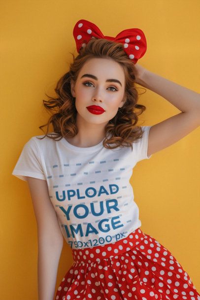 T-Shirt Mockup of an AI-Created Woman Wearing an Outfit Inspired by a Mouse Character