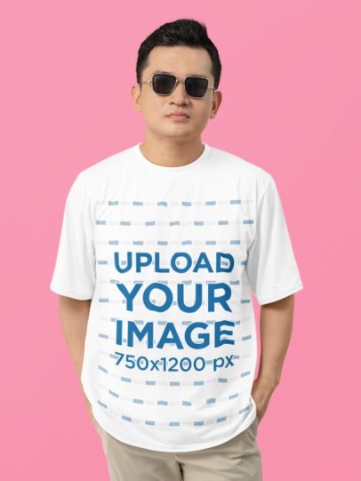 Mockup of a Man with Sunglasses Wearing a Crewneck Tee in a Studio