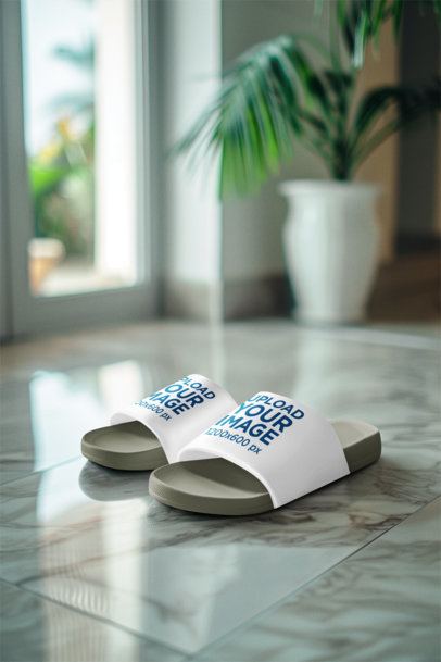 Footwear Mockup of an AI-Created Pair of Sandals Placed on a Marble Floor