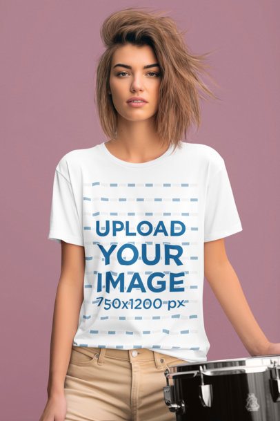 T-Shirt Mockup Featuring an AI-Created Woman Sitting Behind the Drums