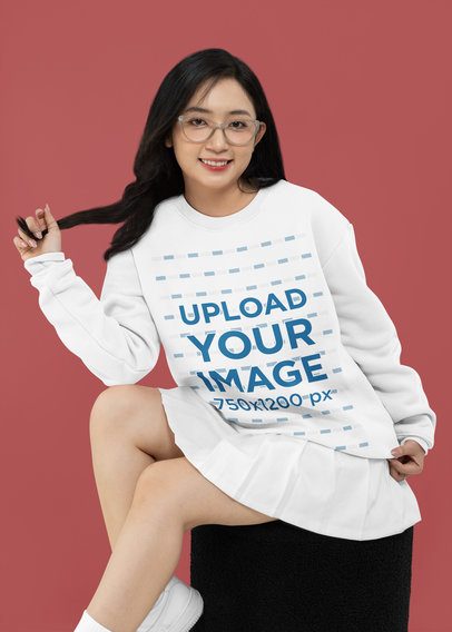 Mockup of a Woman with Long Hair Wearing Glasses and a Round-Neck Sweatshirt