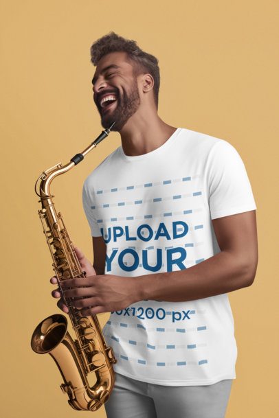 T-Shirt Mockup Featuring an AI-Created Cheerful Man Playing the Trumpet