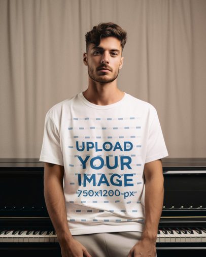 Round-Neck T-Shirt Mockup of an AI-Generated Musician Man Posing Near a Piano