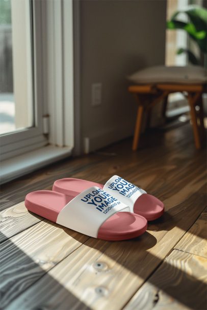 Mockup of an AI-Generated Pair of Sandals Placed on a Wooden Floor Near a Glass Door