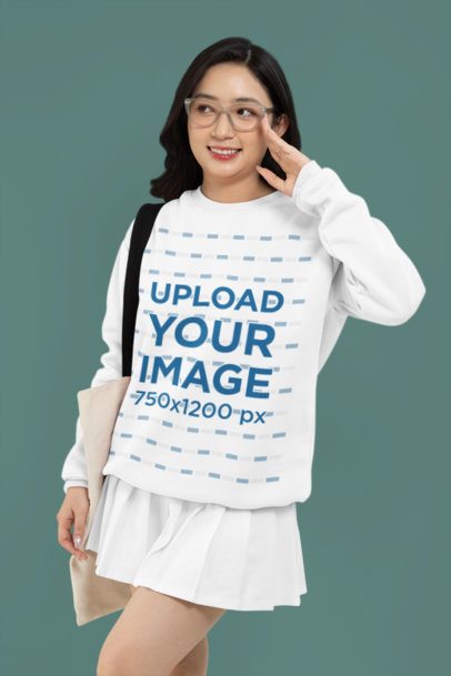 Mockup Featuring a Smiling Woman Wearing Glasses and a Sweatshirt with a Round Neck