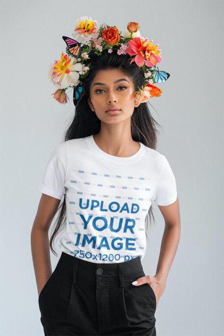 T-Shirt Mockup Featuring an AI-Created Woman Wearing a Floral Crown With Butterflies