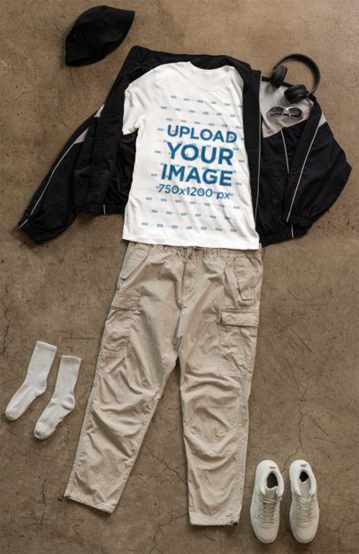 Mockup of a Bella Canvas T-Shirt Lying on the Floor With a Streetwear Outfit m50571