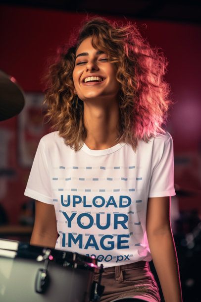 T-Shirt Mockup Featuring an AI-Created Joyful Woman Playing the Drums