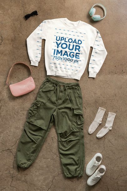 Streetwear-Themed Mockup of a Cotton Heritage Sweatshirt Lying on the Floor With an Outfit m50576