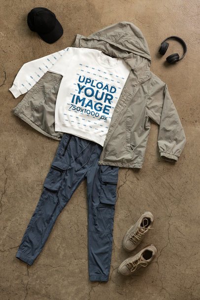 Streetwear Mockup Featuring a Cotton Heritage Sweatshirt Lying on the Floor With a Cool Outfit m50577