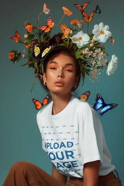 T-Shirt Mockup Featuring an AI-Created Serious Woman With a Floral and Butterfly Crown