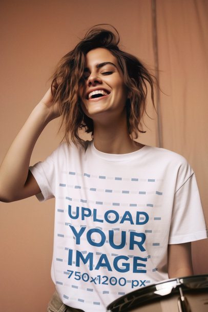 T-Shirt Mockup Featuring an AI-Created Joyful Woman Playing the Drums