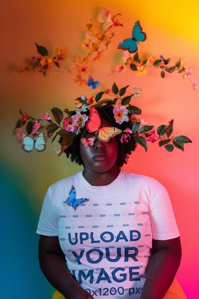  T-Shirt Mockup Featuring an AI-Created Afro Woman With Butterflies and Flowers
