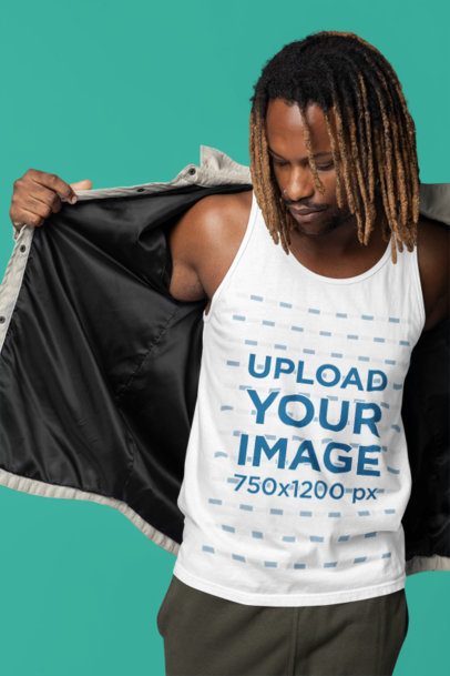 Bella Canvas Tank Top Mockup of a Man With a Serious Look Taking Off His Jacket m40829