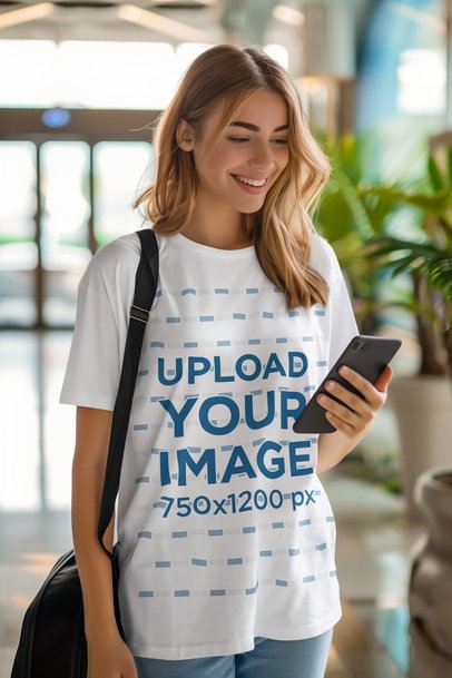 T-Shirt Mockup Featuring an AI-Generated  Happy Woman Texting in an Airport m40552