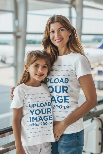 T-Shirt Mockup of a Smiling AI-Generated Woman With a Girl Posing by an Airport Gate m40567