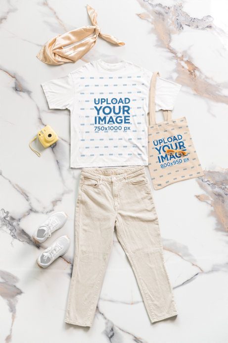 Oversized T-Shirt Mockup Featuring a Casual Outfit With a Sublimated Tote Bag