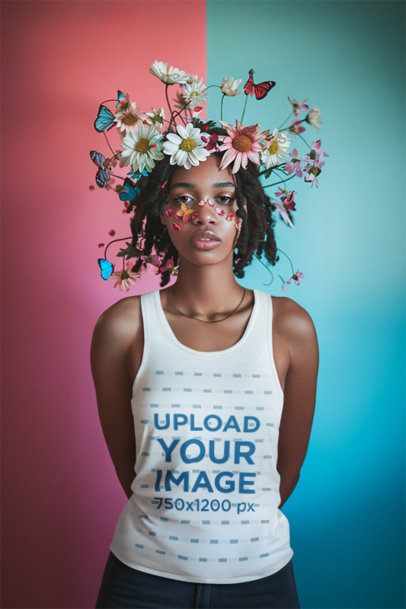 Tank Top Mockup of an AI-Generated Woman With Flowers in Her Head m40584