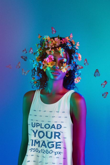 Tank Top Mockup Featuring an AI-Created Curly-Haired Woman With Butterflies and Flowers