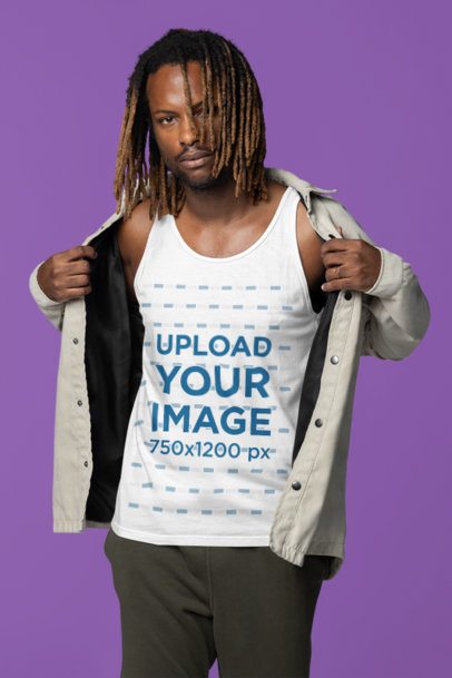 Bella Canvas Tank Top Mockup Featuring a Serious Man Posing With a Jacket