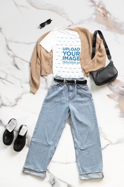 Outfit Mockup Featuring a Bella Canvas T-Shirt  With Nice Garments Placed on a Marble Floor m50583