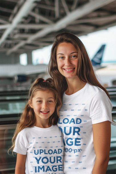 T-Shirt Mockup of an AI-Created Smiling Woman With Her Daughter in an Airport m40547