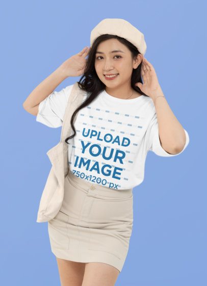 Mockup Featuring a Smiling Woman Wearing a Crewneck Tee in a Studio m50538