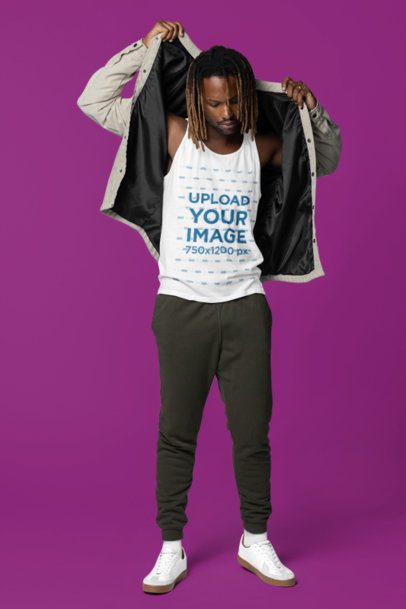 Bella Canvas Tank Top Mockup Featuring a Man Putting On a Jacket