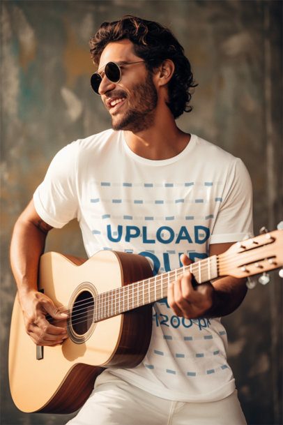 T-Shirt Mockup Featuring an AI-Created Happy Bearded Man Playing an Acoustic Guitar m40345
