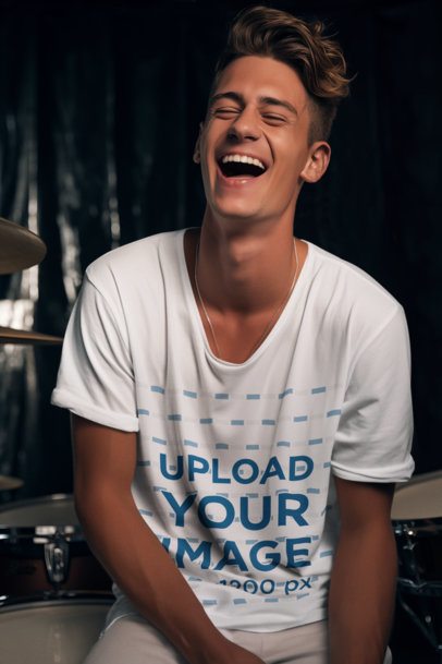 Round-Neck Tee Mockup Featuring an AI-Created Joyful Man in a Music Concert