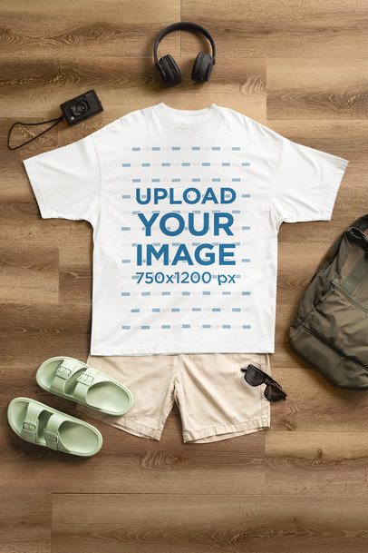 Oversized Round-Neck T-Shirt Mockup Featuring a Summer Outfit m50587