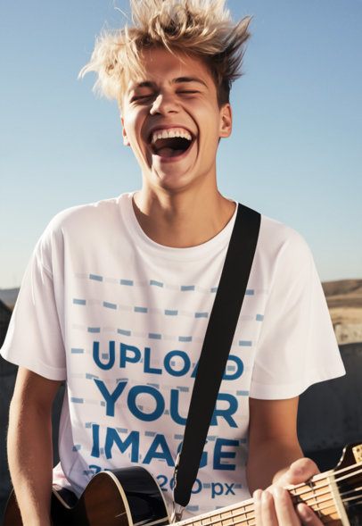 T-Shirt Mockup of an AI-Generated Joyful Man Playing the Guitar m40346
