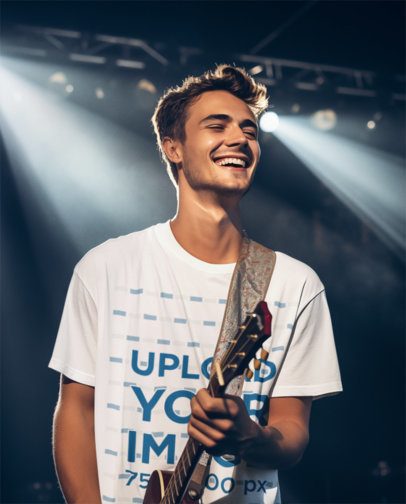 Round-Neck Tee Mockup of an AI-Generated Happy Man Playing the Guitar in a Gig