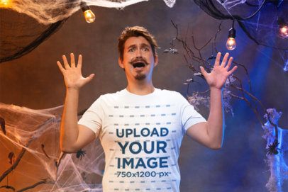 Bella Canvas T-Shirt Mockup Featuring a Scary Man in a Horror-Themed Setting