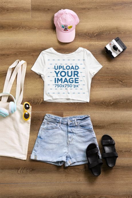 Mockup of a Bella Canvas Crop Top Lying With a Summer Outfit