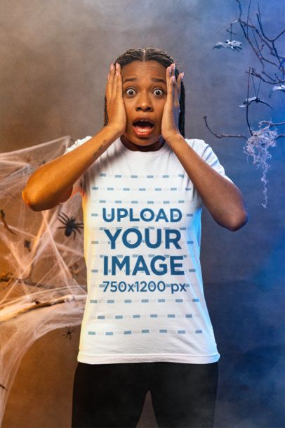 Bella Canvas T-Shirt Mockup of a Scared Woman in a Halloween-Inspired Setting