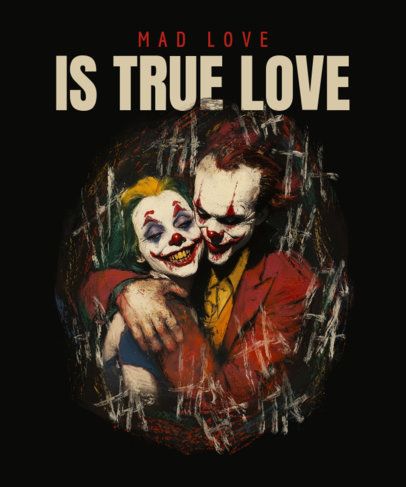 Clown Supervillains-Inspired T-Shirt Design Creator with Two Hugging Horror Characters