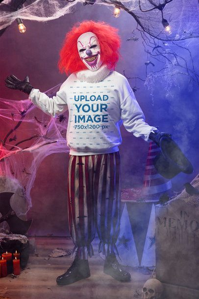 Halloween-Inspired Mockup of a Scary Clown Wearing a Sweatshirt in a Haunted House m51266