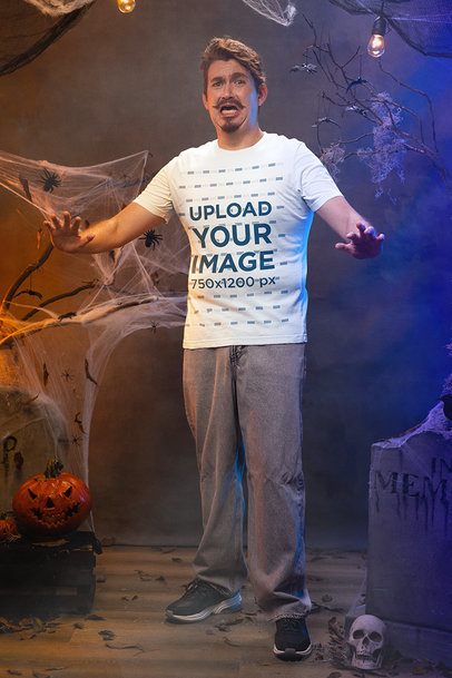 Mockup of a Worried Man Wearing a Crewneck T-Shirt in a Horror House