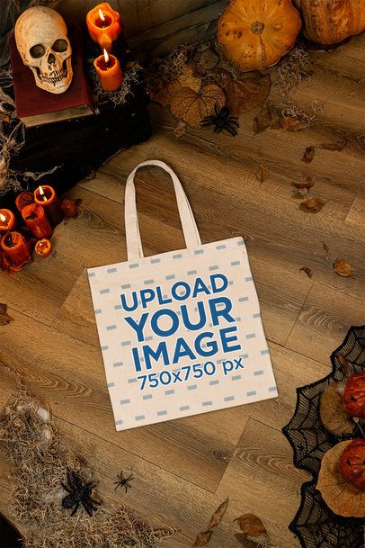 Halloween-Themed Mockup of a Tote Bag Flat Laid on a Haunted House's Floor m51298