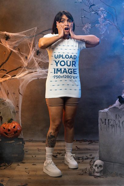 Mockup Featuring a Frightened Woman Wearing a Bella Canvas Tee in a Haunted House