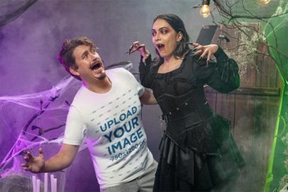Bella Canvas Tee Mockup Featuring a Man and a Woman Posing in a Horror House