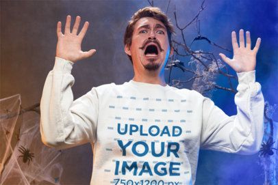 Gildan Crewneck Sweatshirt Mockup Featuring a Frightened Man in a House of Horror m51245