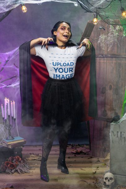Bella Canvas T-Shirt Mockup of a Woman Dressed in a Dracula Costume for Halloween