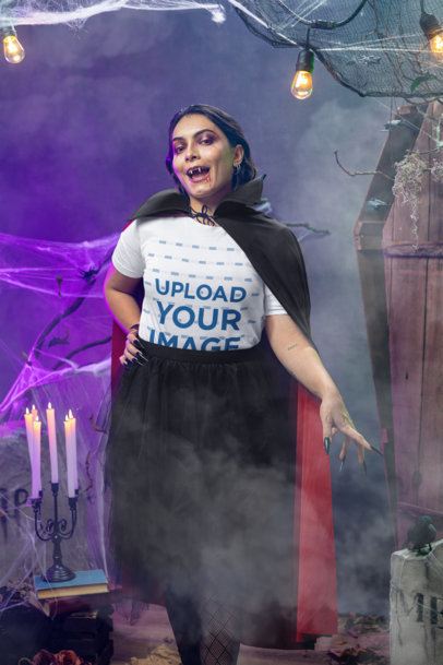 Bella Canvas Tee Mockup of a Woman Wearing a Dracula Costume for Halloween